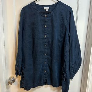 J Jill Love Linen Navy Blue Button Down Tunic Blouse Top 100% Linen Size 2X